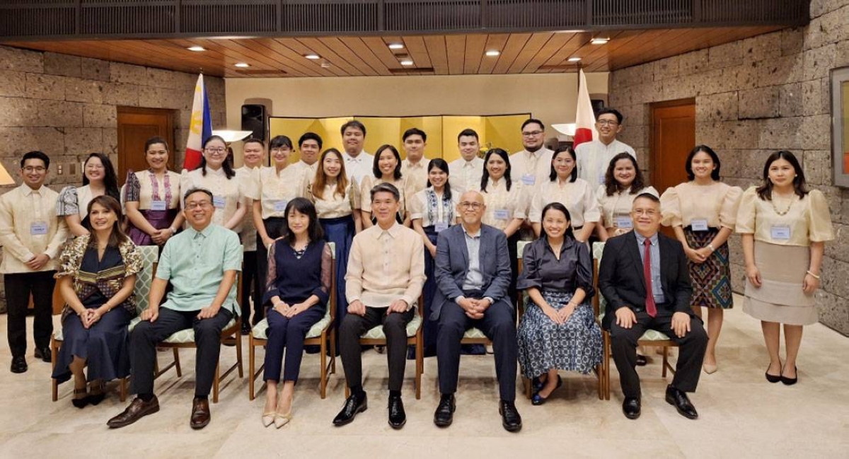 Japanese Ambassador to the Philippines Endo Kazuya (seated, 4th from left) with National Economic and Development Authority Undersecretary Joseph Capuno (3rd from right), Civil Service Commission Director Fernando Porio (right), Japan International Cooperation Agency Philippines Chief Representative Sakamoto Takema and other government officials at the send-off ceremony for Project for Human Resource Development Scholarship by Japanese Grant Aid scholars Batch 22 at the ambassador’s residence in North Forbes Park, Makati City, on Aug. 16, 2024. PHOTOS BY ARLO CUSTODIO