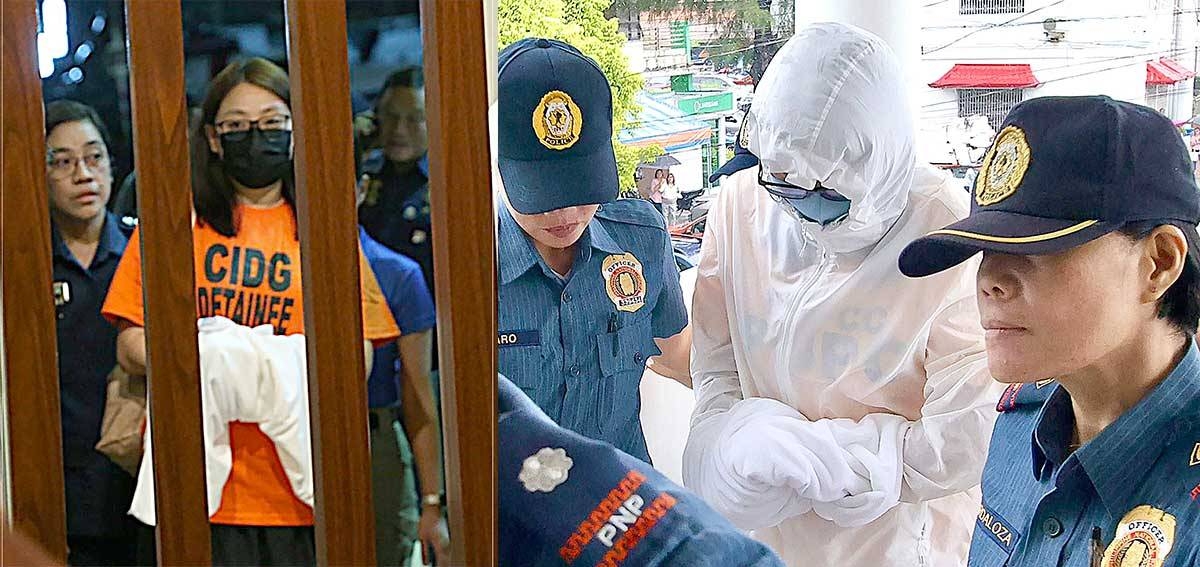 ALL COVERED UP A well-covered dismissed Bamban, Tarlac mayor Alice Guo is escorted by police to the Capas, Tarlac Regional Trial Court Branch 109, which issued an arrest warrant against the former local chief executive for two counts of graft on Sept. 6, 2024. The left photo shows Guo upon her arrival in Manila from Jakarta, where she sought refuge. PHOTOS BY ISMAEL DE JUAN AND RENE H. DILAN