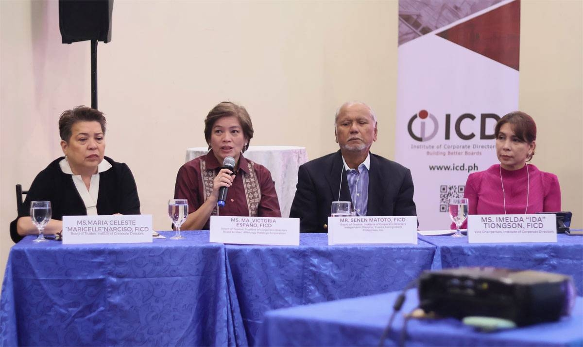 The Institute of Corporate Directors (ICD) holds a press conference on the purpose and vision of its Global Governance Summit. Pictured (from left) Maria Celeste “Maricelle” Narciso, member of the ICD Board of Trustees and Altenergy Holdings Corp. Board Advisor Ma. Victoria “Marivic” Españo, member of the ICD Board of Trustees and Yuanta Savings Bank Philippines Inc. Independent Director Senen “Bing” Matoto and ICD Vice Chair Imelda “Ida” Tiongson. CONTRIBUTING PHOTO