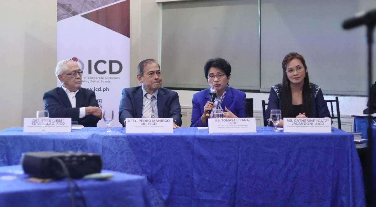 The Institute of Corporate Directors is holding a press conference to discuss the purpose and vision of its Global Governance Summit. Pictured (from left) are ICD Chairman Emeritus and Founder Jesus 'Jess' Estanislao, ICD Chairman Pedro 'Pete' Maniego, ICD Board of Trustees member and Independent Director of SM Investment Corp. Tomasa 'Tammy' Lipana and Global Governance Summit Organizing Committee Member Catherine 'Catz' Jalandoni. CONTRIBUTING PHOTO