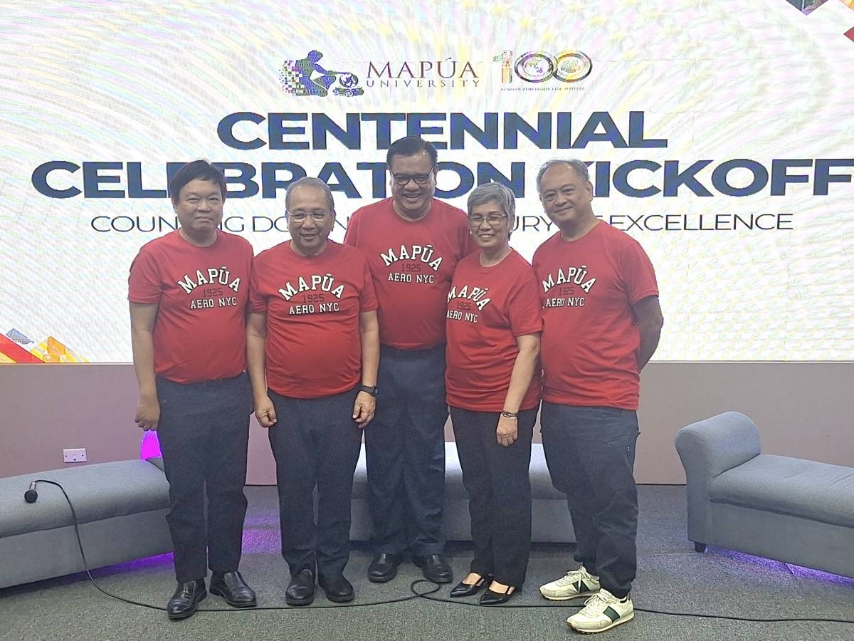 Mapua University President and CEO Dodjie Maestrecampo (center, with from left) Partnership Executive Director Bonifacio Doma Jr., iPeople Inc. Chairman and CEO Reynaldo Vea, Vice President for Academic Affairs Lilibeth Sabino, and Executive Vice President and COO Raul Victor Tan at the media launch of the centennial celebration kickoff on Oct. 17, 2024 at the Mapua Cardinal Cinema in Makati. PHOTO BY ARLO CUSTODIO