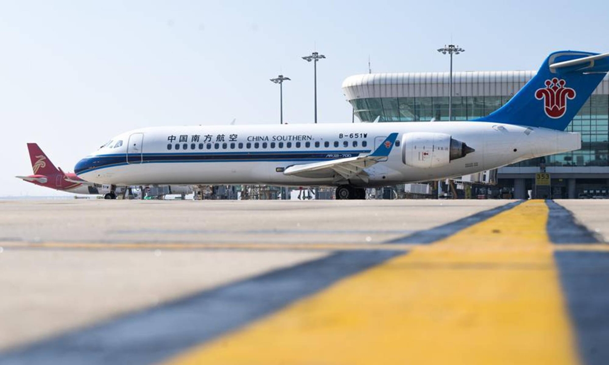 A FIRST A China’s homegrown ARJ21 jetliner is pictured at Wuhan Tianhe International Airport on Oct. 25, 2024. China on Nov. 25 announced it launched its first large-scale production facility that will manufacture tires for civil aviation. XINHUA PHOTO