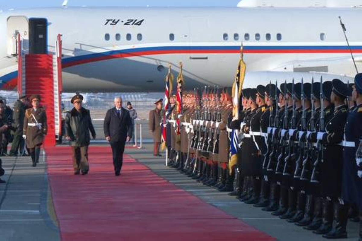 EXPANDING TIES Russian Defense Minister Andrei Belousov is welcomed by North Korean Defense Minister No Kwang Chol, upon his arrival at Pyongyang International Airport, on Nov. 29, 2024. AP Photo