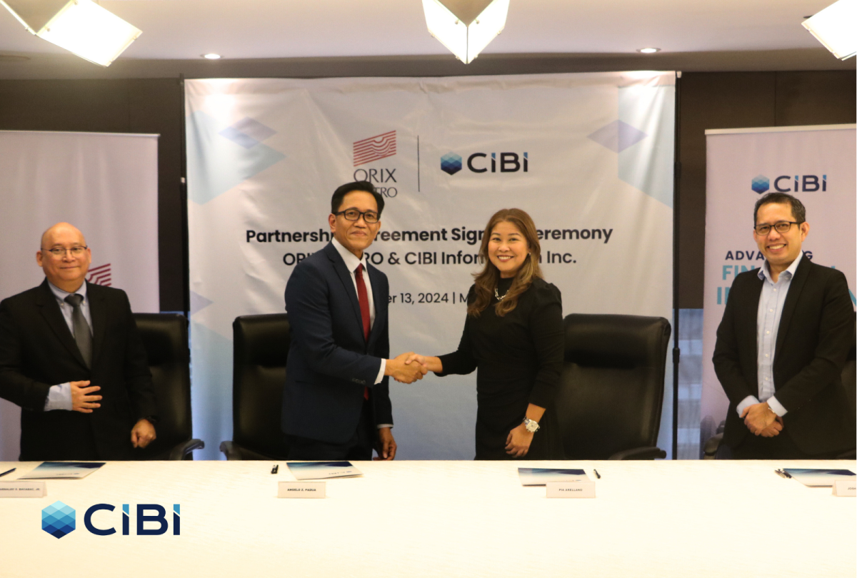 TRANSFORMATIVE PARTNERSHIP In photo are (from left) ORIX Metro Executive Vice President Arnaldo Bacabac, ORIX Metro CEO and President Angelo Padua, CIBI CEO and President Pia Arellano, and CIBI Vice President and head for Financial Service Industry Josh Mortega. PHOTO FROM CIBI