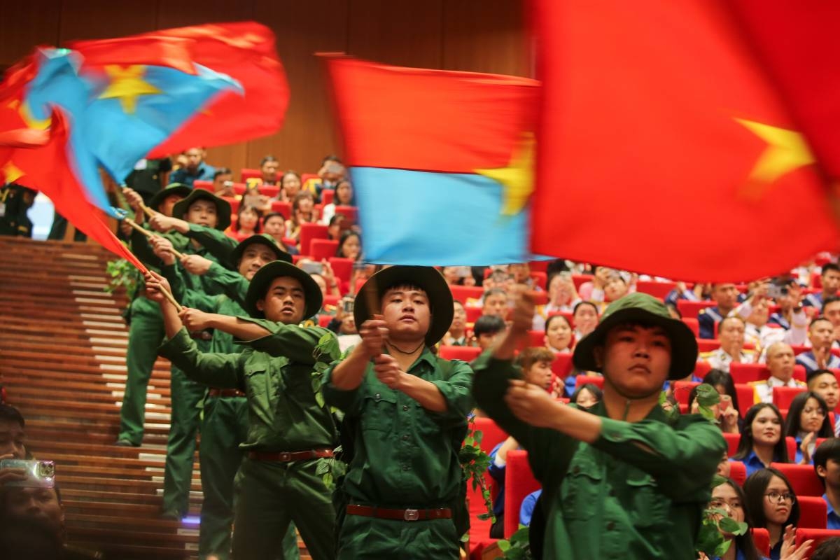 DEFENSE POSTURE Artists perform during the 80th anniversary of Vietnam's People's Army and the 35th anniversary of the All-People Defense Festival at the National Convention Center in Hanoi, Vietnam, on Dec. 20, 2024. EPA PHOTO