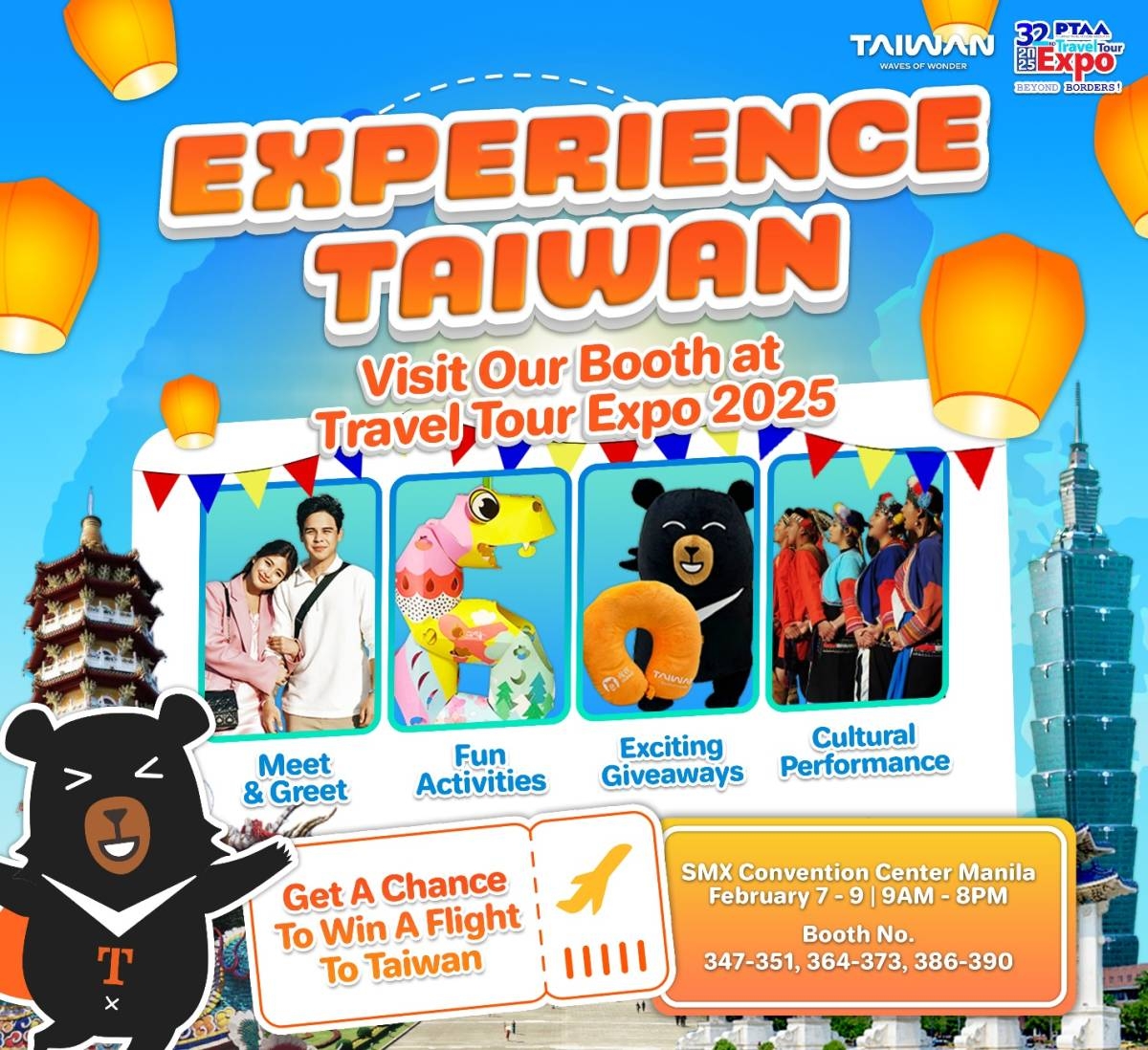 EXPERIENCE TAIWAN Visit the Taiwan Tourism Administration’s travel booth at the Travel Tour Expo 2025 and experience a glimpse of the country’s wonderful offers. PHOTO FROM TAIWAN TOURISM ADMINISTRATION