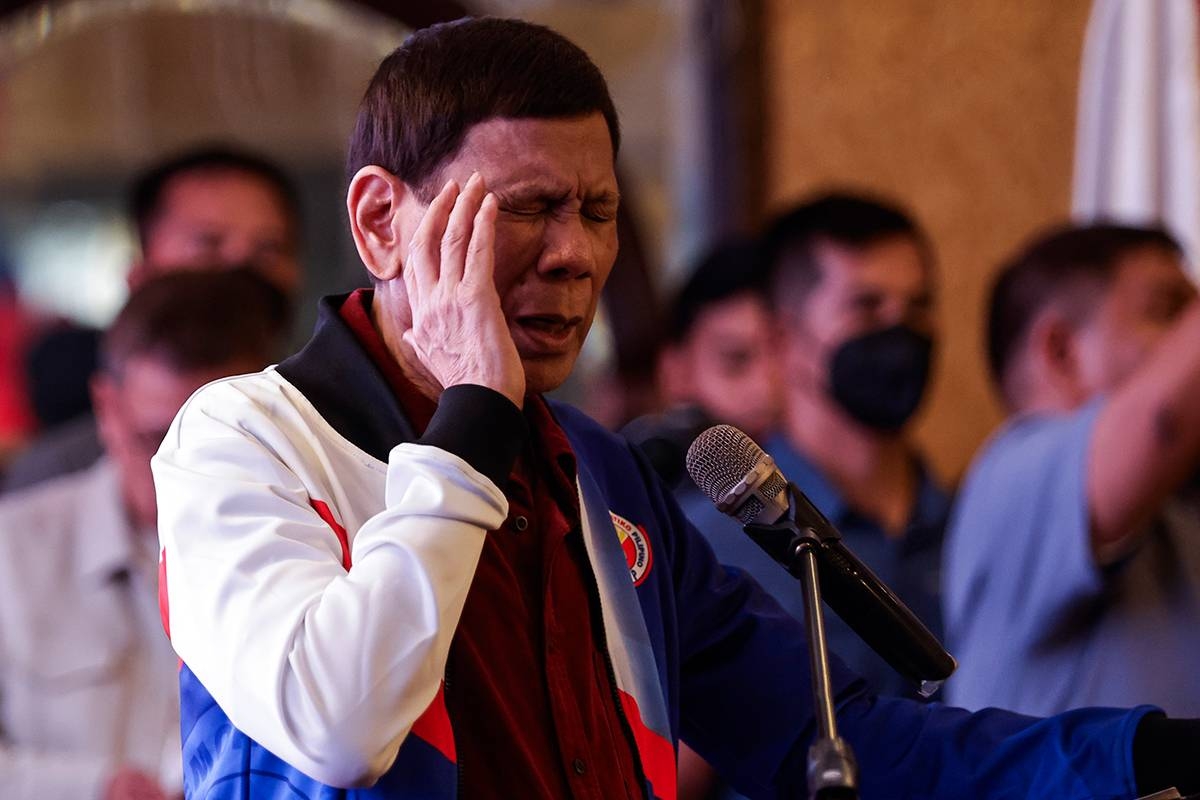 Former Philippine President Rodrigo Duterte gestures during his speech to endorse senatorial candidates aligned with his political party during a proclamation ceremony in San Juan City, Metro Manila, Philippines, 13 February 2025. The campaign period for senatorial and congressional party-list seats officially began in the Philippines on 11 February, three months before the 12 May 2025 midterm elections. Duterte is expected to start campaigning in March as he embarks on a return to politics by running for mayor of Davao City in the southern Philippines. EPA-EFE/ROLEX DELA PENA