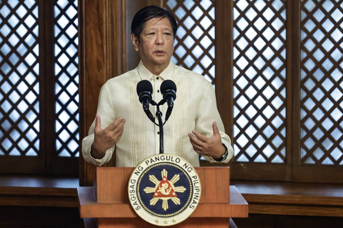 Philippine President Ferdinand 'Bongbong' Marcos Jr. speaks during a handover ceremony of the original Murillo Velarde 1734 map to the government at Malacanang presidential palace in Manila, Philippines, 06 December 2024. Known as the 'Mother of All Philippine Maps', the map was first created in 1734 by Jesuit priest and cartographer Pedro Murillo Velarde with the help of two Filipino artisans, Francisco Suarez and Nicolas de la Cruz Bagay. It was used as reference before The Hague Permanent Court of Arbitration, which ruled in favour of the Philippines in an 2016 arbitral case against China, over the disputed Scarborough Shoal islands in the South China Sea. The Velarde map was acquired by Mel Velasco Velarde in 2014 at an auction in Sotheby's in London, and later donated to the Philippine government.  EPA-EFE/ROLEX DELA PENA