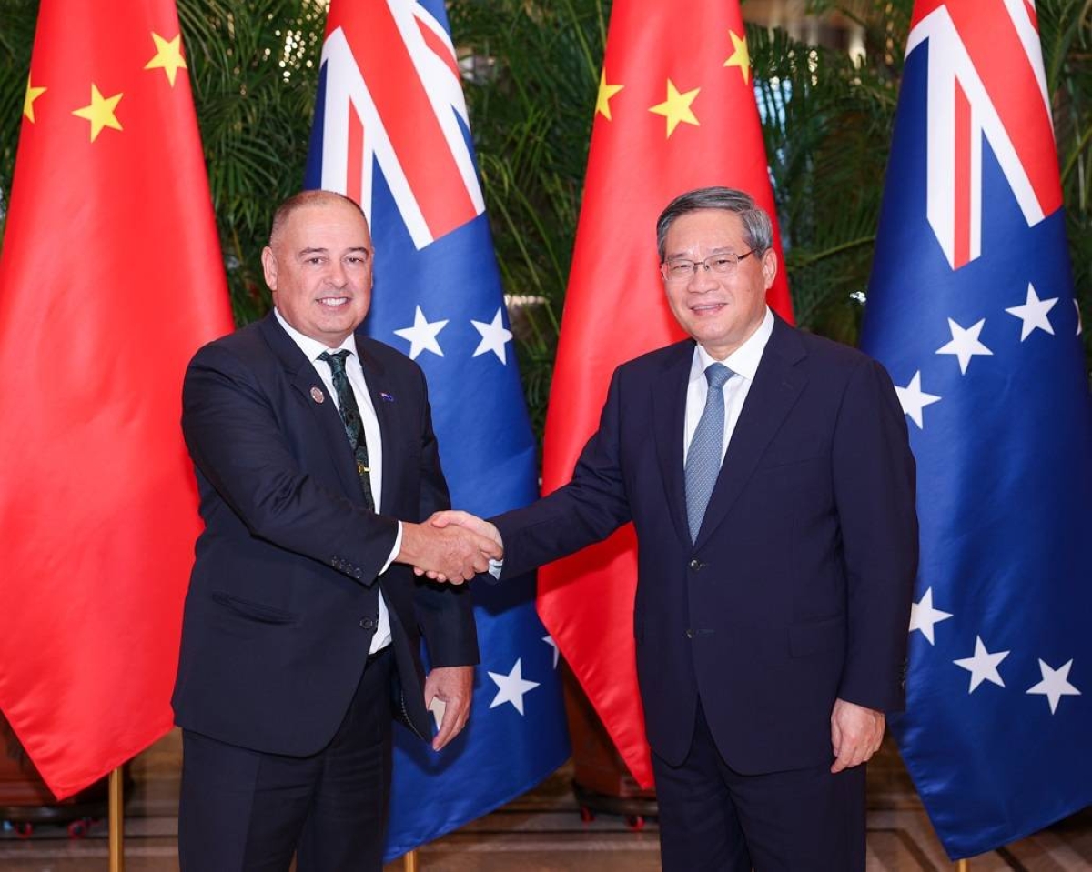 Prime Minister PACT PREMIERS Cook Islands Mark Brown (left) and Chinese Prime Minister Li Li Qiang shake hands during a meeting in Harbin, Hailongjiang province, on February 14, 2025.