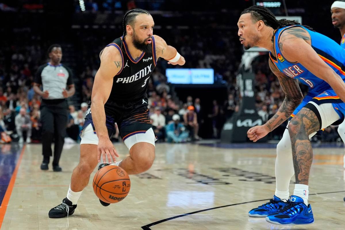 Phoenix Suns forward Dillon Brooks (left) dribbles the ball against Oklahoma City Thunder forward Jaylin Williams (6) during the first half of Game 4 in a first-round NBA playoffs basketball series, Monday, April 27, 2026, in Phoenix. AP PHOTO