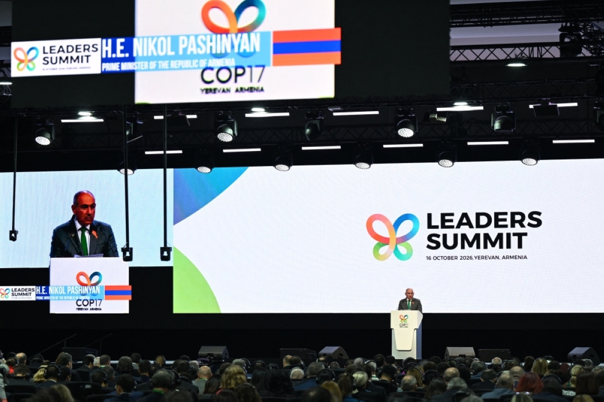 NEED FOR ACTION Armenian Prime Minister Nikol Pashinyan delivers a speech during the leaders' summit of the 17th meeting of the Conference of the Parties (COP 17) in Yerevan on Oct. 16, 2026. AFP Photo