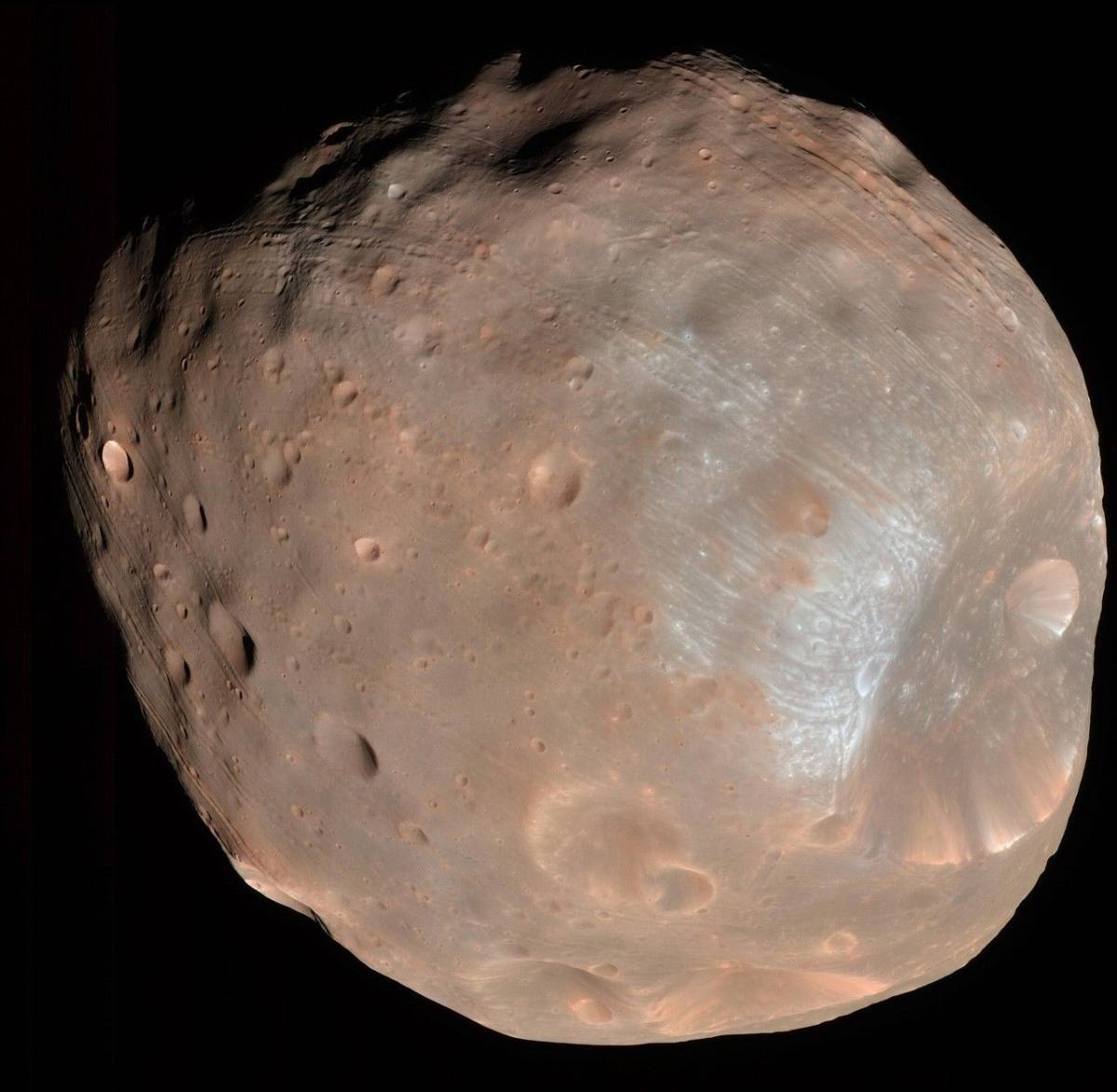 This photo provided by NASA/JPL-Caltech/University of Arizona, taken with NASA's Mars Reconnaissance Orbiter, shows Phobos, one of Mars' moons, on March 23, 2008. (NASA/JPL-Caltech/University of Arizona via AP)