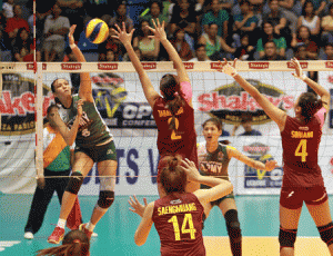 Army’s Jovelyn Gonzaga (left) wallops one against Cagayan Valley’s Angeli Tabaguero during Game One of their title series, which the Rising Suns won in four. CONTRIBUTED PHOTO